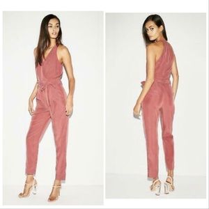 Express silky jumpsuit belted surplice pink / red